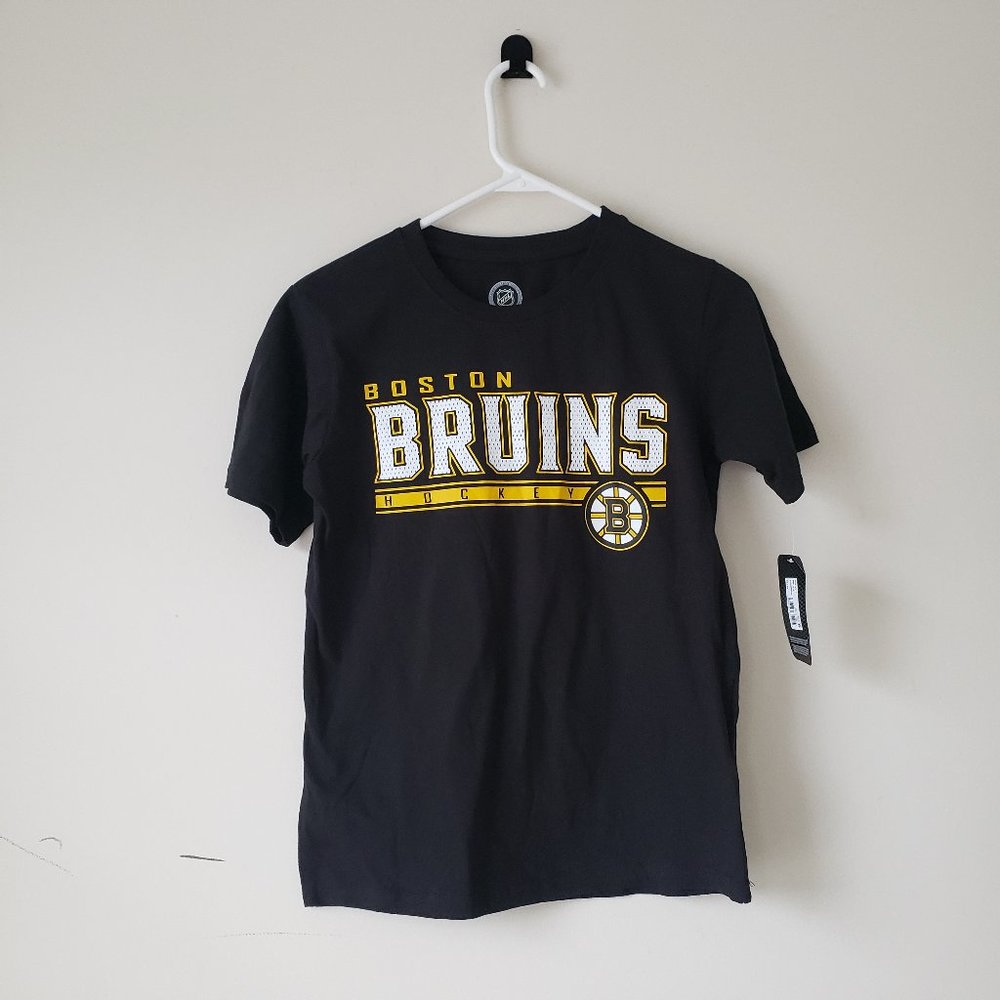 Boston Bruins T-Shirt Tee Youth Large 12/14 Black NHL Small Logo Boys NWT *DEFCT